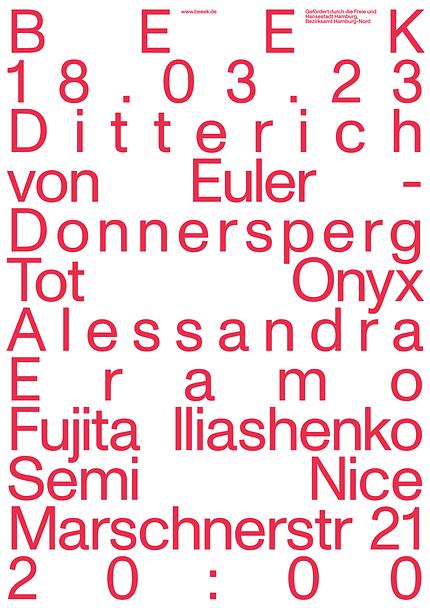 BEEK w/ Junya Fujita, Alexander Iliashenko, Alessandra Eramo, Ditterich von Euler-Donnersperg, Tot Onyx, Semi Nice